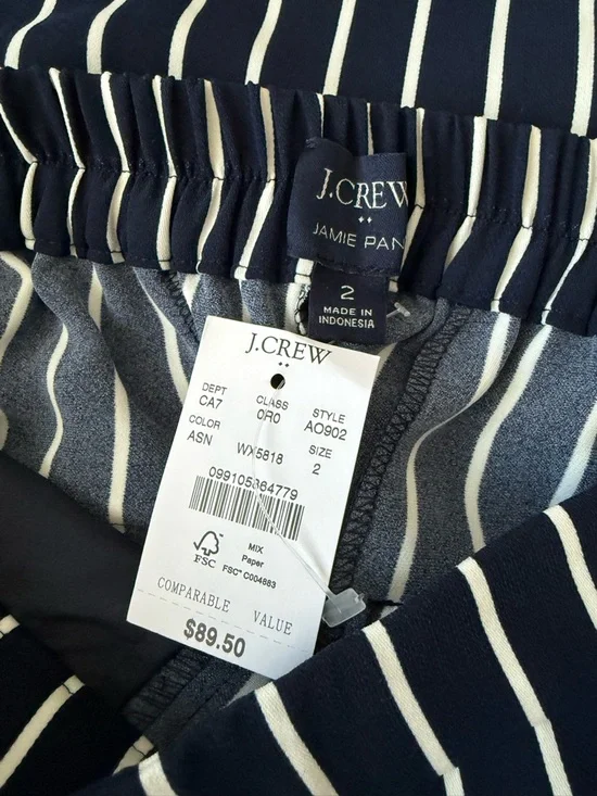 J Crew Striped Jamie Pant Elastic Waist Annie Stripe Navy Salt 2 NEW - Picture 4 of 7